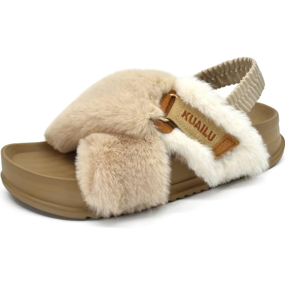 Women's Tan Fleece Fuzzy Fur Criss Cross Open Band Cozy Slippers Shoes